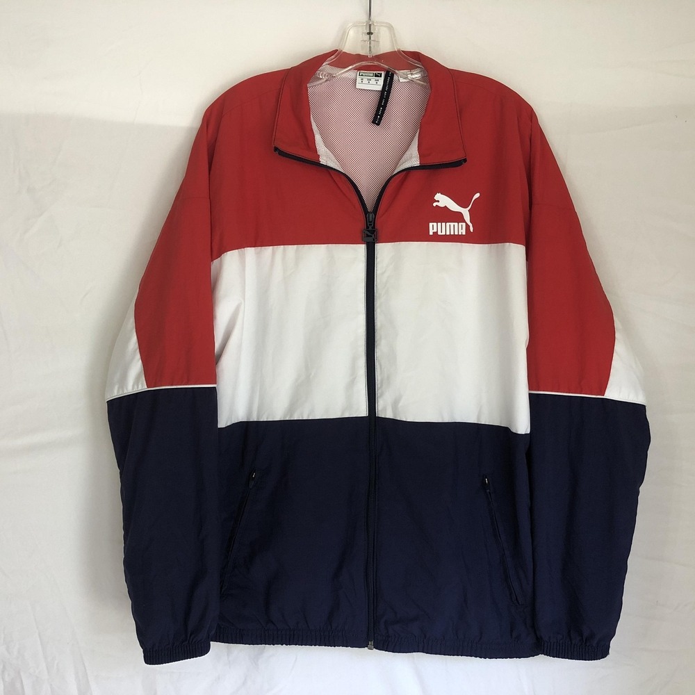 Puma Jacket Mens Medium Red White Navy Colorblock Full Zip Windbreaker Retro